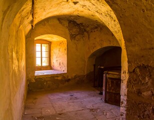 Obraz premium Sunlit interior room, ancient stone walls, arched ceilings, and a small window
