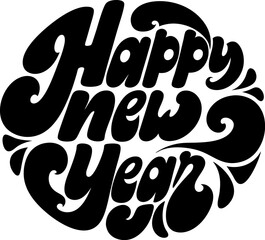 Happy New Year Celebration Round Drawn Logo Typographic Vector Design Artwork