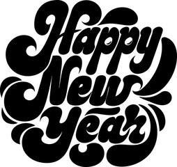 Happy New Year Celebration Round Drawn Logo Typographic Vector Design Artwork