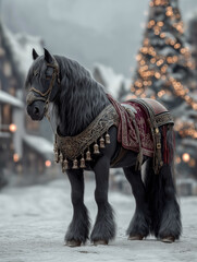 Majestic black horse adorned with intricate decorative saddle and bells stands elegantly in a snowy village setting, surrounded by twinkling holiday lights and festive atmosphere