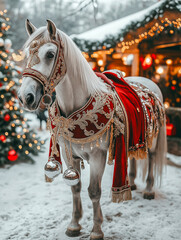 Majestic white horse adorned in luxurious red and gold attire stands in a snowy setting, surrounded by festive decorations and twinkling lights, embodying holiday spirit and elegance