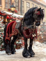 Majestic black horse adorned with luxurious red and gold saddle stands elegantly in a snowy village street, surrounded by festive decorations and warm holiday ambiance