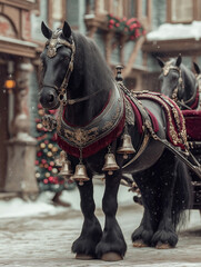 Majestic black horse adorned with ornate harness and bells stands in a snowy village setting, showcasing elegance and charm in a winter wonderland atmosphere