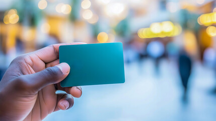 African American hand holding a teal credit card in a blurred shopping environment, showcasing modern payment methods and consumerism in a vibrant atmosphere