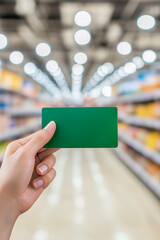 Hand holding a green card in a retail store aisle, with blurred shelves and bright lights creating a vibrant shopping atmosphere and emphasizing consumer experience