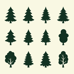 Obraz premium Evergreen Tree Silhouettes Set, Conifer Vector Icons
