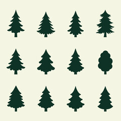 Obraz premium Evergreen Tree Silhouettes Set, Conifer Vector Icons