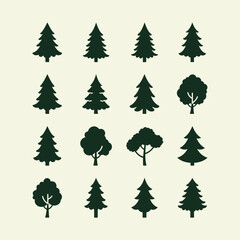 Obraz premium Evergreen Tree Silhouettes Set, Conifer Vector Icons