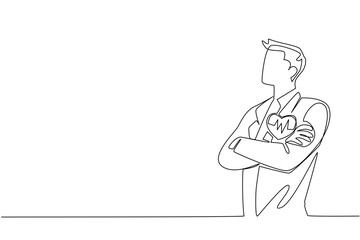 Continuous one line drawing man in suit and tie crossed his arms. Healthy workers benefit many parties. Staff. National Employee Health and Fitness Day. Single line draw design vector illustration