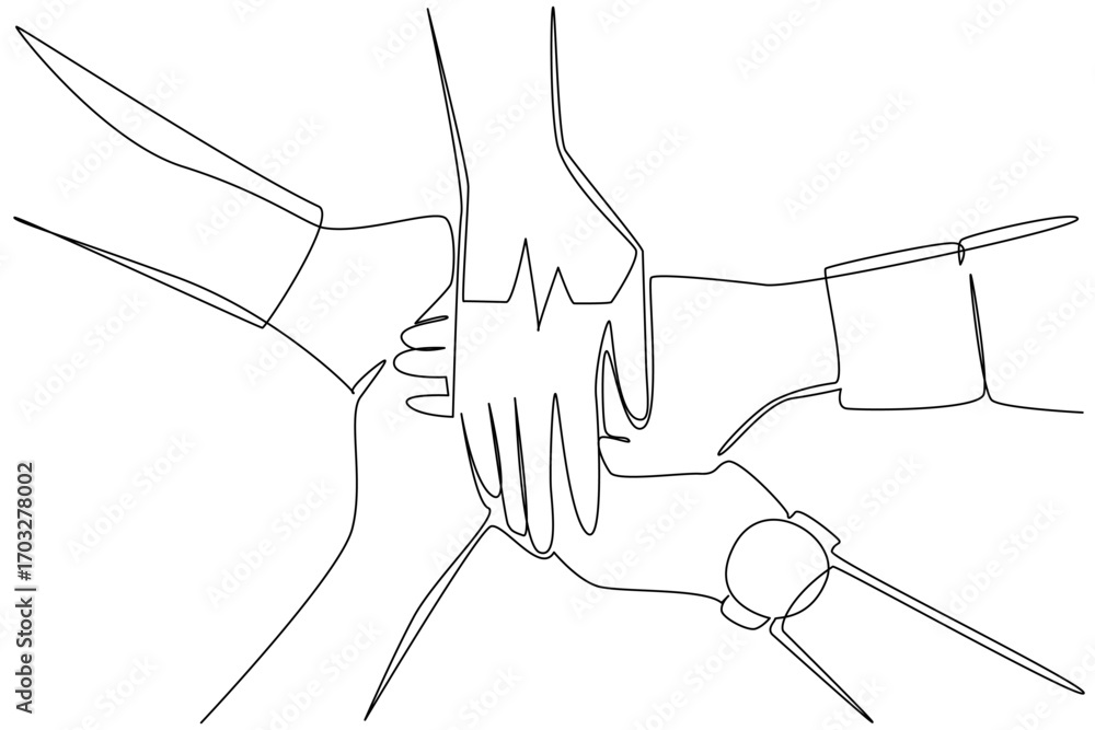 Aufkleber single one line drawing several hands stacked in a circle with the heart pulse in the middle. work t