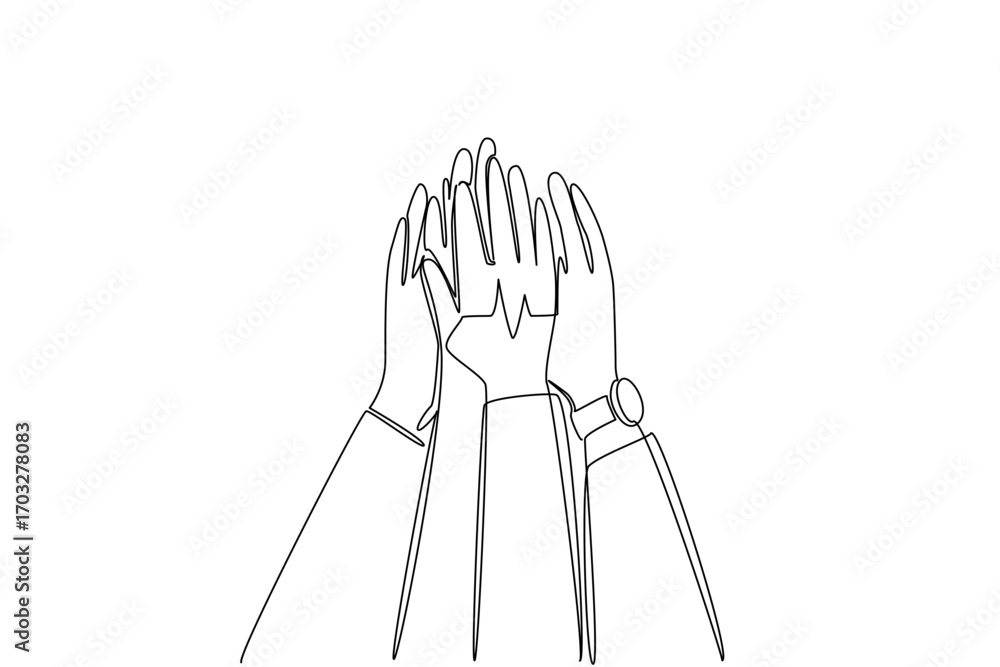 Poster single continuous line drawing several hands doing high five with heart pulse in the middle. agreed 
