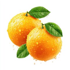 Two juicy oranges, wet with water droplets, and leaves
