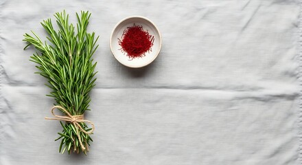 A bundle of fresh rosemary tied with twine sits next to a small bowl of vibrant red saffron threads on a white textured cloth.