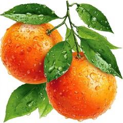 Two oranges, wet with water droplets, on a branch with leaves