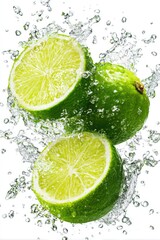 Fresh lime halves in water splashes
