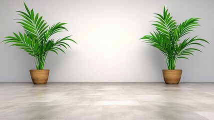 Fototapeta premium Fresh Green Plants in Stylish Pots Against a Modern Neutral Wall Background Interior Design