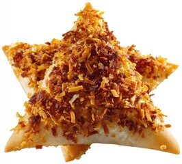 Two triangular star-shaped pastries, topped with a generous amount of golden-brown, shredded coconut