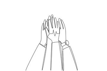 Single continuous line drawing several hands doing high five with heart pulse in the middle. Agreed to prioritize health. National Employee Health and Fitness Day. One line design vector illustration