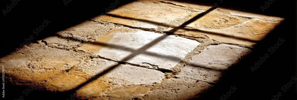 Poster sunlight filters through a window, creating shadows on a textured stone floor of an old building in 