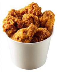 Crispy fried chicken pieces in a white paper bucket