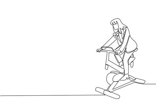 Single one line drawing woman in blazer pedaling stationary bike. Trying to stay healthy even though busy. Sport. National Employee Health and Fitness Day. Continuous line design graphic illustration