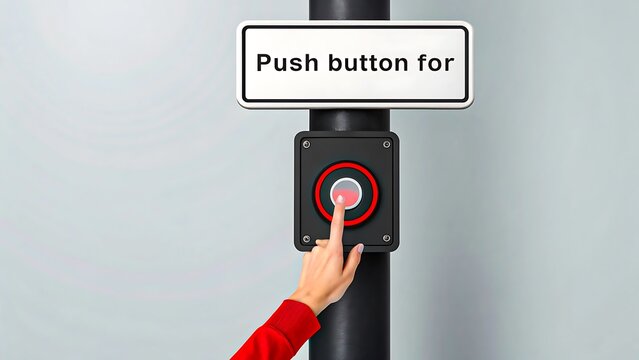 Hand pressing pedestrian crossing button on traffic pole with sign
