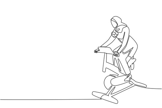 Single one line drawing Arab woman in hijab pedaling a stationary bike. Exercise when work is piling up. Healthy. National Employee Health and Fitness Day. Continuous line design graphic illustration