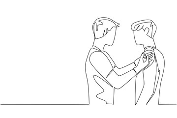 Single continuous line drawing male doctor is injecting a male patient. Giving the first vaccine. Dangerous corona virus. Live healthier. National Safety Dose Day. One line design vector illustration