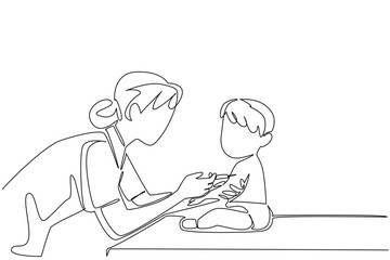 Single continuous line drawing female doctor is giving an injection to sitting baby girl. Efforts to prevent tuberculosis. Healthy living. National Safety Dose Day. One line design vector illustration
