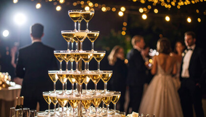 Champagne glass pyramid at elegant party with people in formal dress enjoying celebration