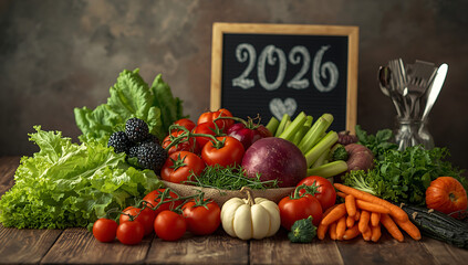 celebrating the start of the new year 2026, with a focus on healthy food habits on wooden table ai generative