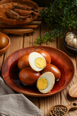 Telur pindang. Tea boiled egg. Indonesian or chinese traditional cuisine. perfect for recipe, article, or any commercial purposes. with copy space.