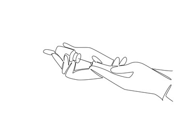 Continuous one line drawing blue gloved hand filling a syringe from a vaccine vial. Measuring the best dose. Curing viruses. National Safety Dose Day. Single line draw design vector illustration