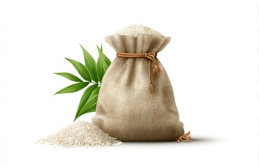 Beige burlap rice sack filled with white rice, beside loose rice and green leaves