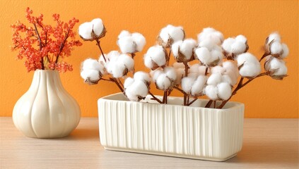 Cream-colored planter with cotton and red flowers