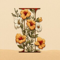 Capital letter "I" adorned with orange and cream flowers and foliage, set on a sandy background