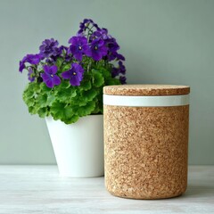 Cork canister with purple flowers