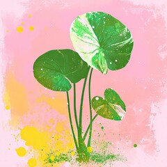 Vibrant, painted leaves on a light pink background with splashes of yellow