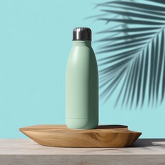 Mint green insulated water bottle on a wooden stand, teal backdrop with palm leaf shadow
