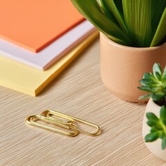 Golden paperclips on light wood desk with colorful notebooks and plants