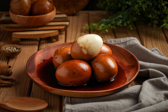 Telur pindang. Tea boiled egg. Indonesian or chinese traditional cuisine. perfect for recipe, article, or any commercial purposes. with copy space.