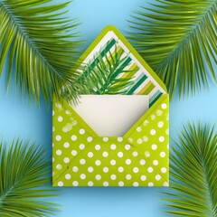 Lime green envelope with palm leaves