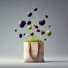 Beige tote bag,  purple & green flower-like orbs