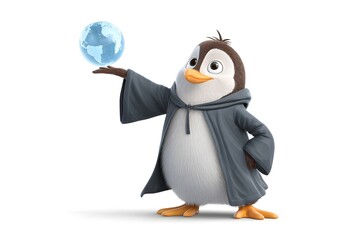 A penguin teacher pointing at a holographic globe, futuristic classroom theme, 3d animation, isolated on a white background