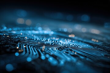 Abstract circuit board, intricate network of blue lines and glowing points