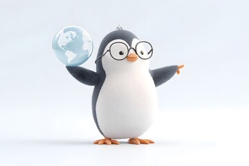 Obraz premium A penguin teacher pointing at a holographic globe, futuristic classroom theme, 3d animation, isolated on a white background