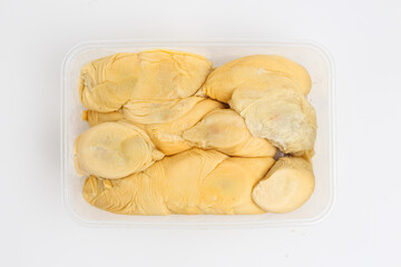 durian ready to eat. in a plastic container. peeled durian.