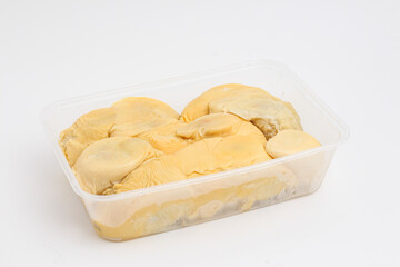 durian ready to eat. in a plastic container. peeled durian.