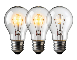 Three incandescent light bulbs, glowing brightly, arranged horizontally