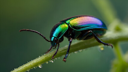 Iridescent Beetle macro photo on green plant stem 